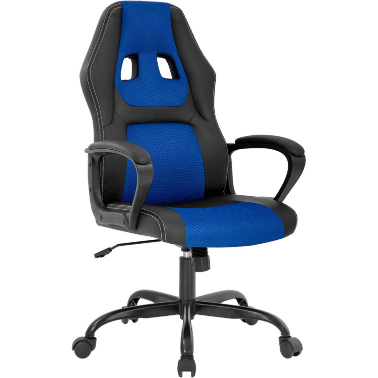 Inbox Zero Adjustable Ergonomic Faux Leather Swiveling PC Racing Game Chair in Blue Black